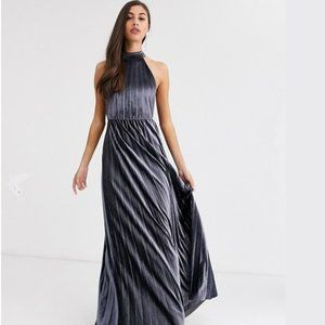 ASOS DESIGN velvet halter waisted pleated maxi